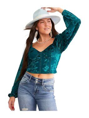 Willow + Root Corset Top Small Floral Velvet Long Sleeve Teal Boho Whimsigoth